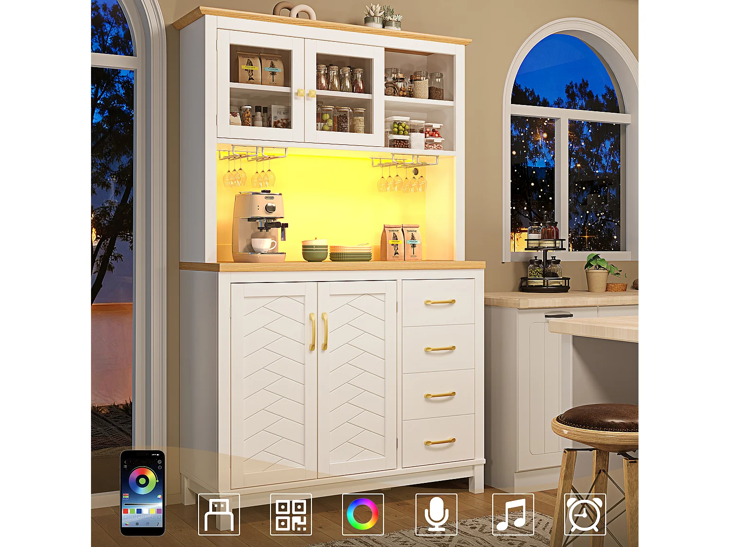 Kredens kuchenny w stylu rustykalnym - 105,5 x 40 x 180 cm - 4 drzwi + oświetlenie LED + uchwyty na kubki + szuflady - płyta MDF - biały 4869197 - obrazek 1