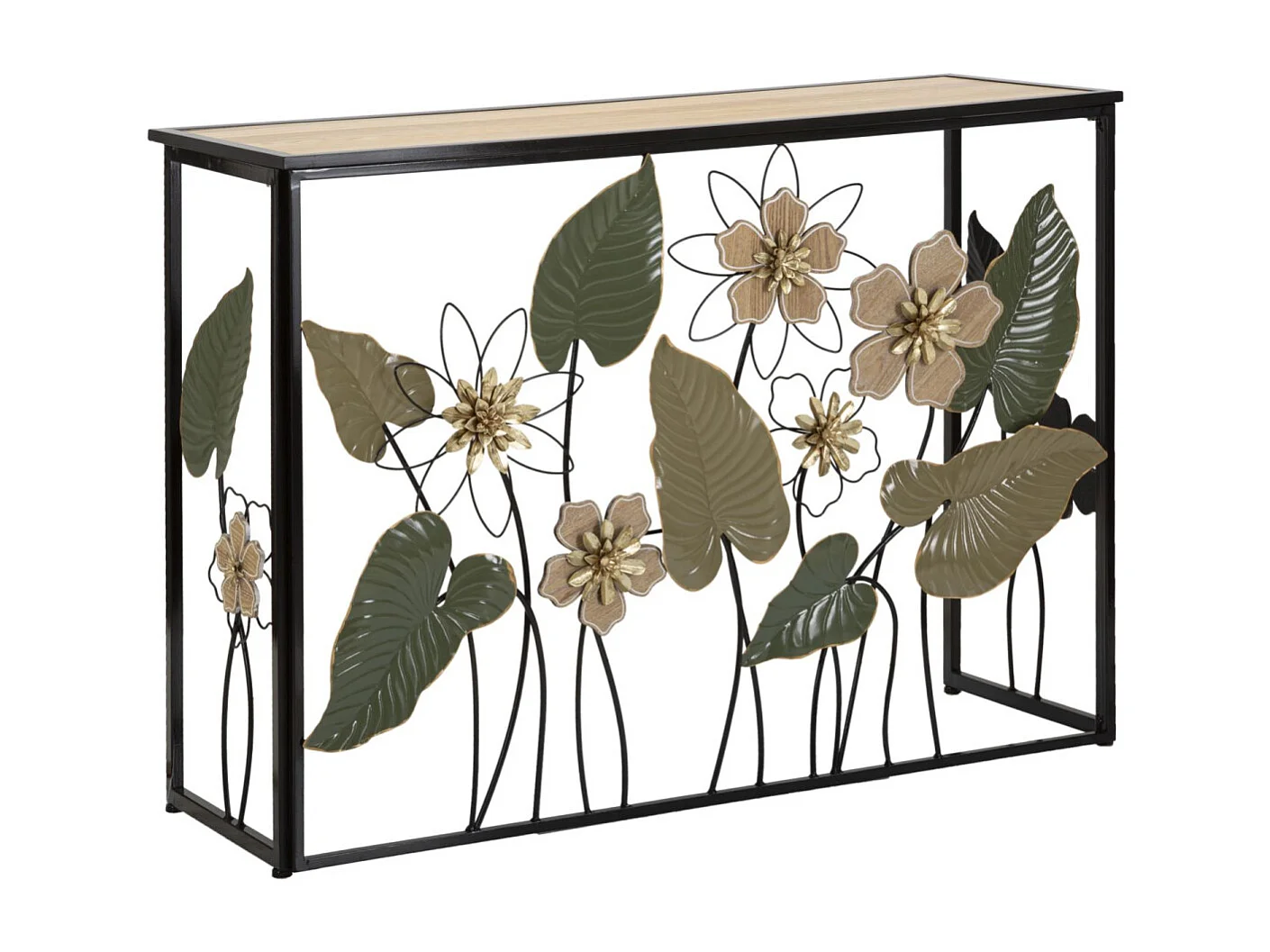 Stolik konsolowy Spring 108x36,8x80 cm z czarnego metalu z kwiatowymi zdobieniami i brązowym drewnianym blatem - Artystyczny styl boho chic 3697087 - obrazek 1