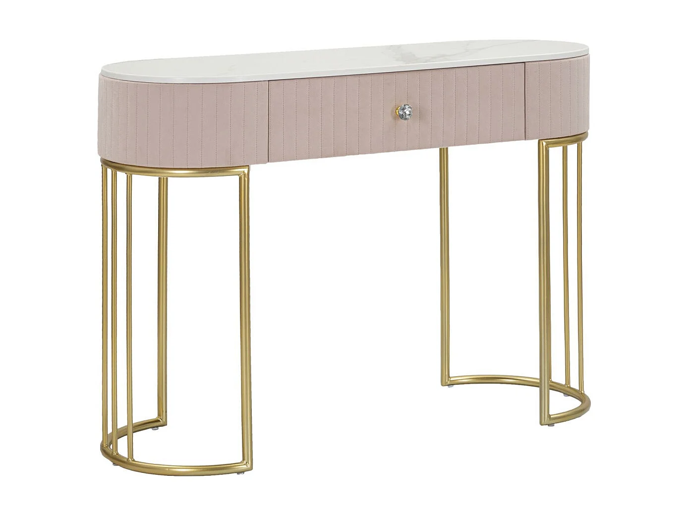 Stolik konsolowy Montpellier Glam Pink – złocona metalowa rama z blatem z imitacji marmuru i różową wyściełaną tkaniną 100x40x75 cm – Projektowanie mebli 3697081 - obrazek 1