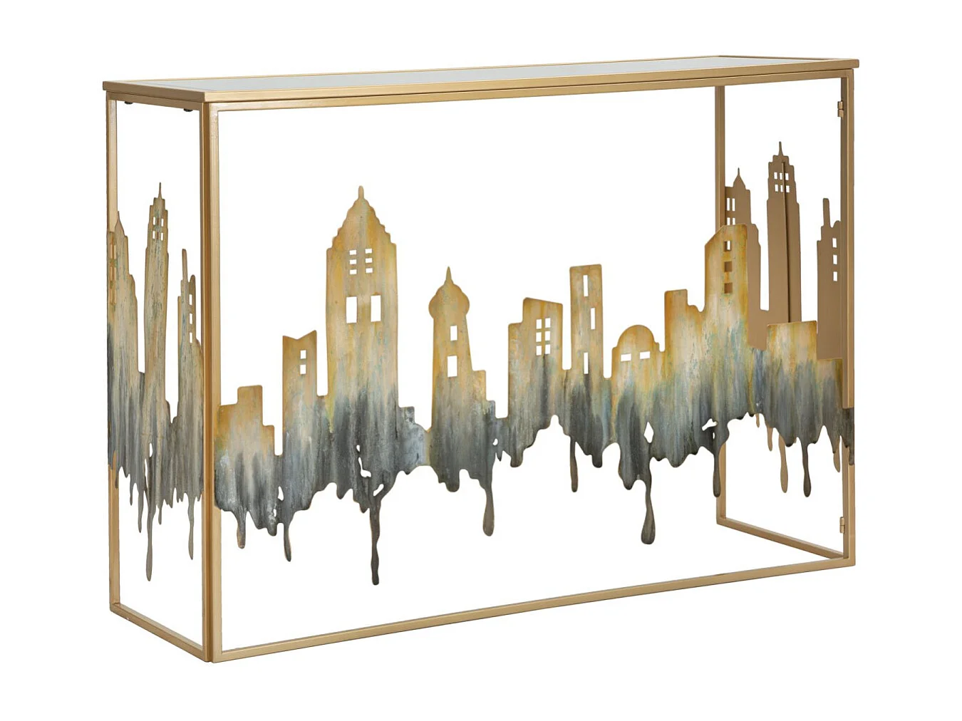 Stolik konsolowy City 110x38,5x81 cm ze złotego metalu, profil miejski i lustrzany szklany blat - styl Modern Glam 3697075 - obrazek 1