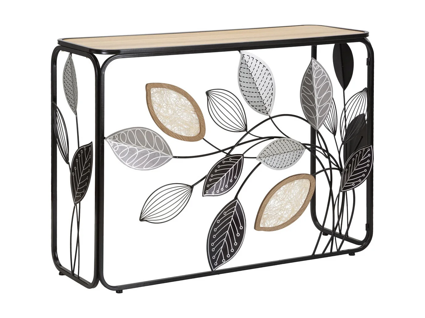 Jesienny stolik konsolowy 108x36,8x80 cm z czarnego metalu z ozdobnymi liśćmi i brązowym drewnianym blatem – styl boho chic 3697076 - obrazek 1