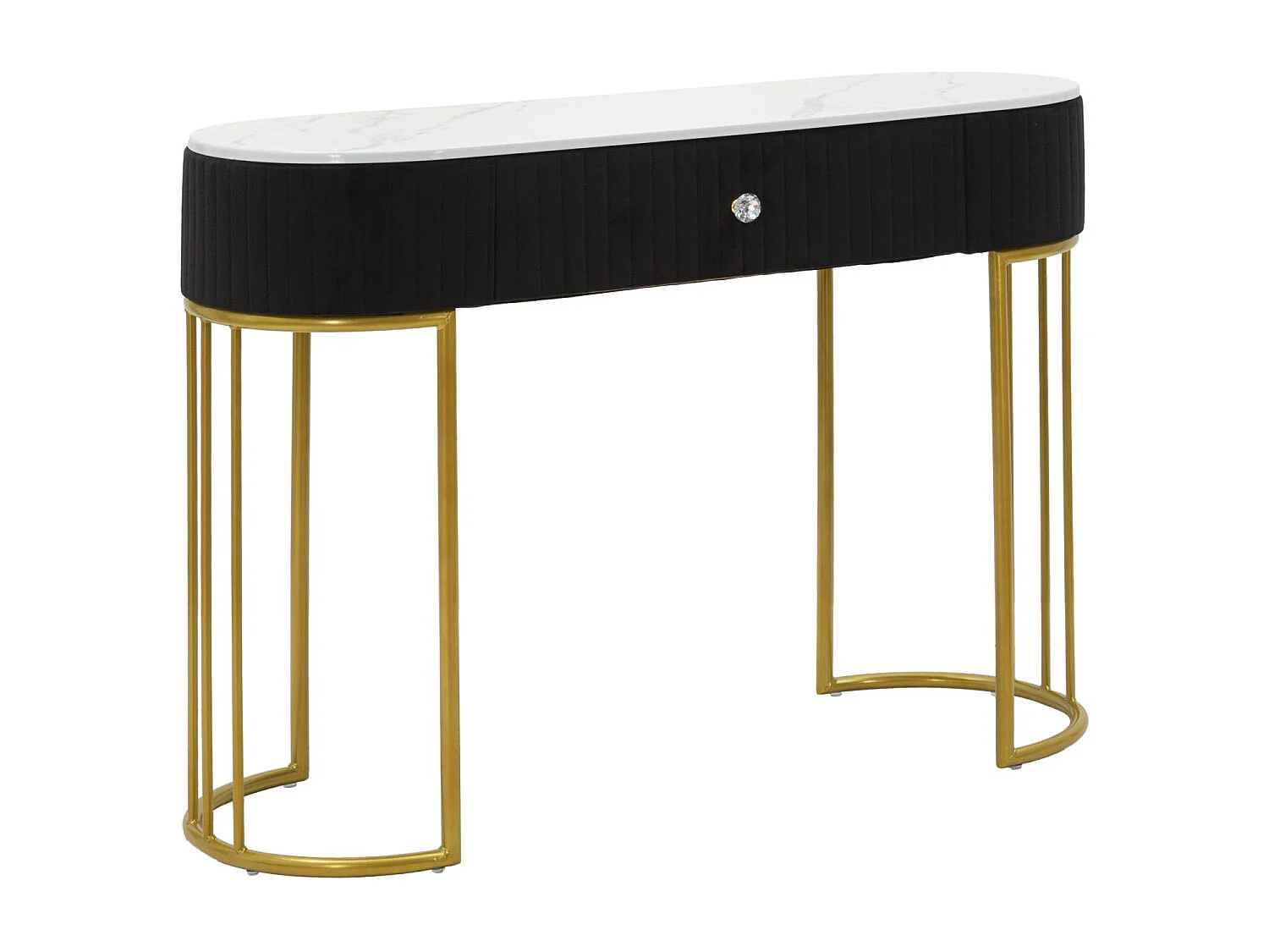 Stolik konsolowy Montpellier Black Glam – złota metalowa rama z blatem z imitacji marmuru i czarną tkaniną, 100 x 43 x 74 cm – elegancki, prostokątny design 3697077 - obrazek 1