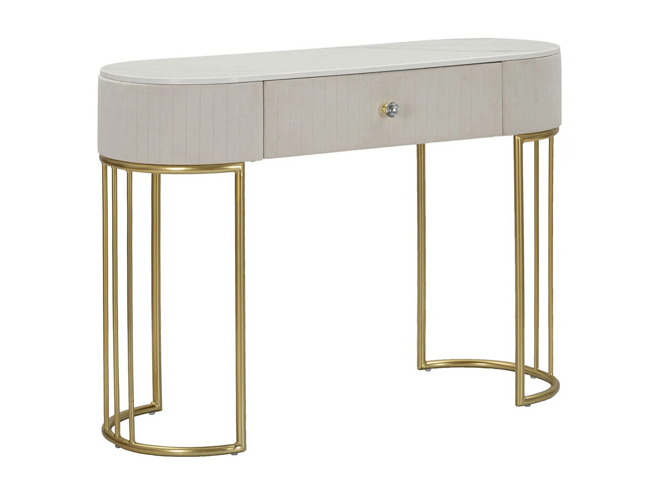 Stolik konsolowy Montpellier Crema Glam – złocona metalowa rama z blatem z imitacji marmuru i kremową tkaniną 100x40x75 cm – Elegant Furniture 3697091 - obrazek 1