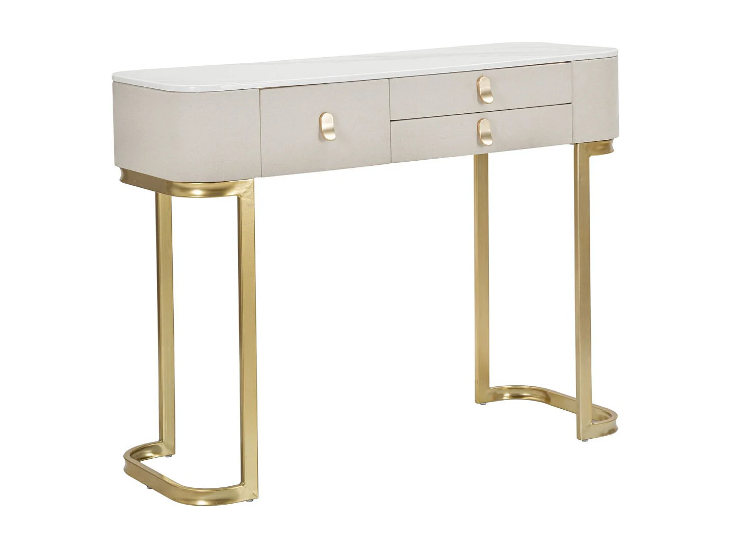 Konsola Glam Beauty 100x40x80 cm z 3 szufladami - Biała konsola materiałowa z blatem imitującym marmur - Złote detale - Konstrukcja z drewna i metalu 3697093 - obrazek 1