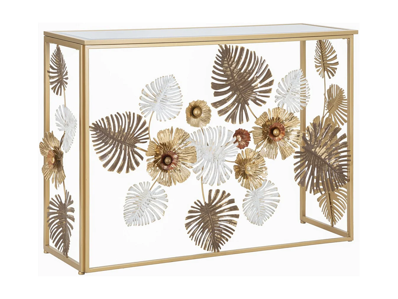Stolik konsolowy Glam Floris 113x40x80 cm – meble wejściowe ze złotego metalu i lustrzanym blatem z kwiatowymi zdobieniami – nowoczesny luksusowy styl 3697082 - obrazek 1