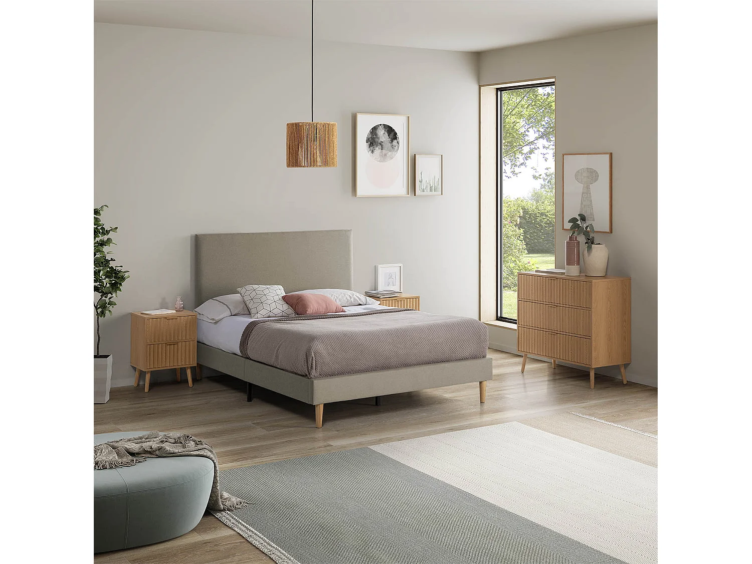 Kolumnowy stelaż tapicerowany Aura + zagłówek 140×200 cm Beżowy, wysokość 30 cm. 1268813