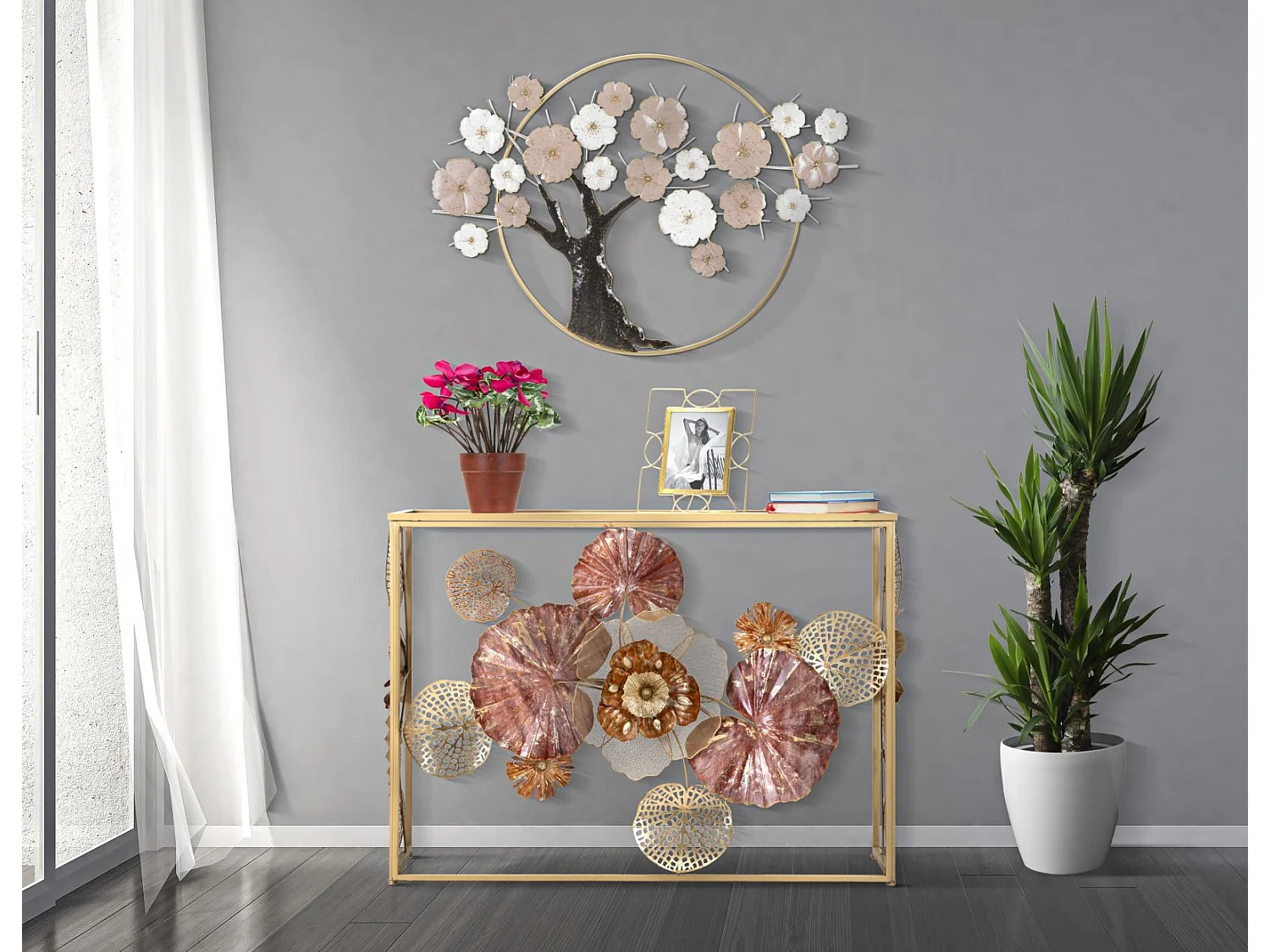 Konsola Glam Redy 114x41,5x80 cm - Mebel wejściowy z pozłacanego metalu i lustrzanego szkła z kolorowymi kwiatowymi zdobieniami - Styl Glamorous 3697071 - obrazek 1