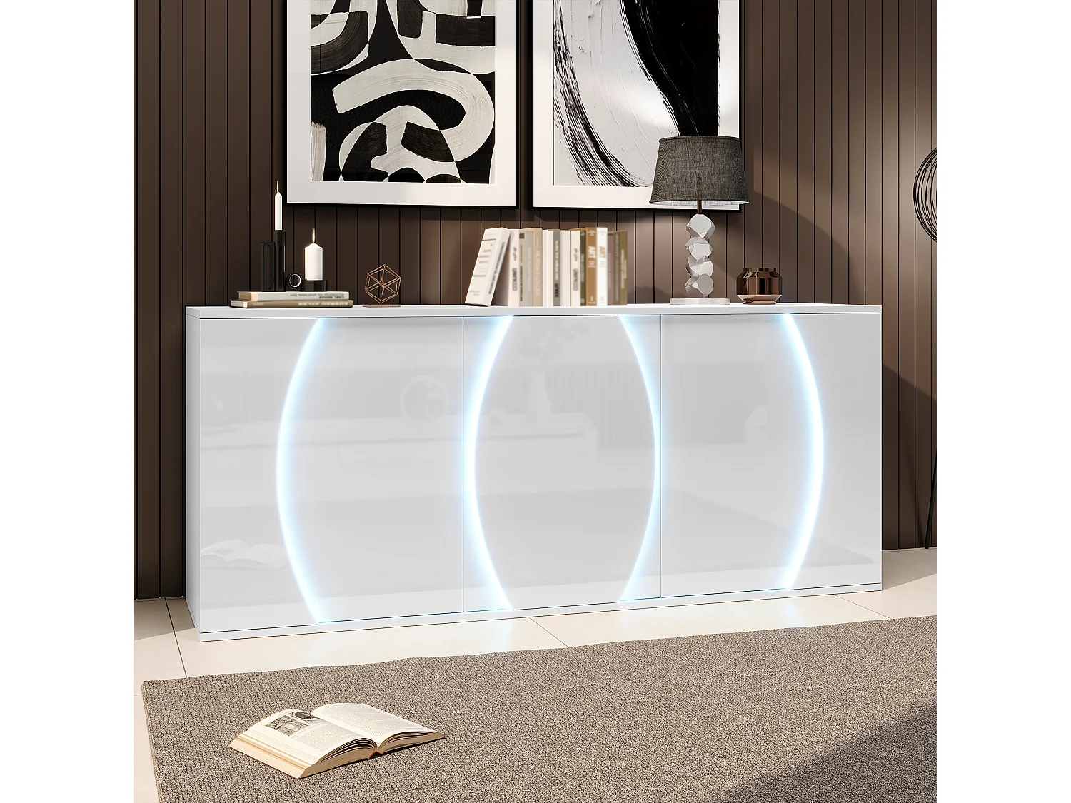 Komoda lakierowana na wysoki połysk - 150 x 40 x 70 cm - z 3 drzwiami + diody LED - płyta wiórowa - biała 4876022 - obrazek 1