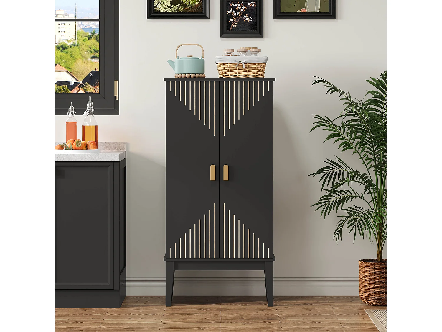 Kredens kuchenny - 120 x 59 x 30 cm - z 2 drzwiami i półkami - styl vintage - płyta MDF - czarny 4876028 - obrazek 1