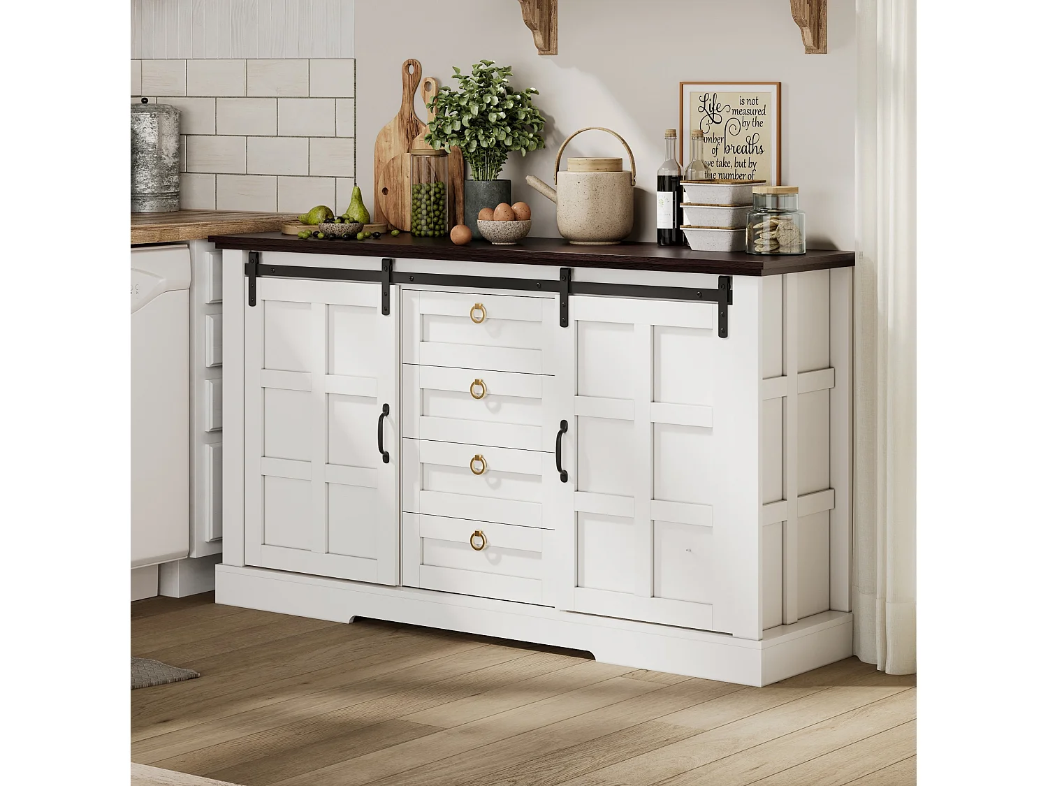 Kredens kuchenny - 150 x 40 x 85 cm - z drzwiami przesuwnymi + 4 szuflady - styl rustykalny - płyta MDF - biały 4876032 - obrazek 1