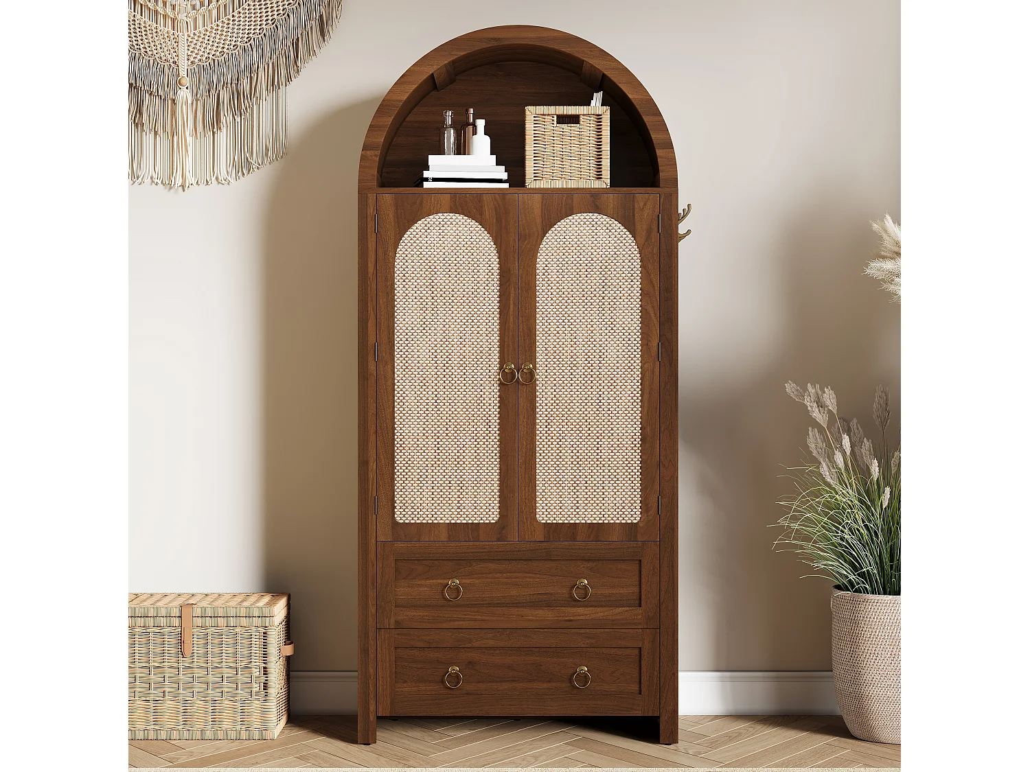 Komoda wiklinowa vintage w stylu sklepionym - 80 x 40 x 180 cm - z 2 szufladami + 2 drzwiami - do salonu i sypialni - MDF - brązowa 4853642 - obrazek 1