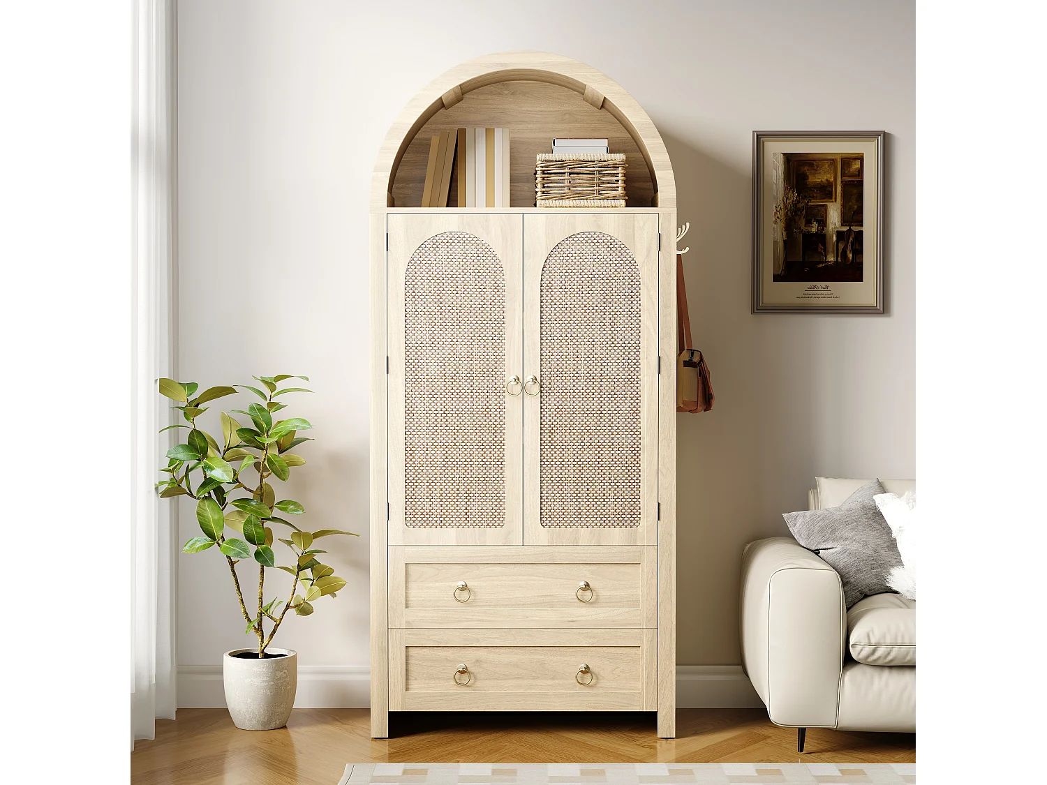 Komoda wiklinowa vintage w stylu sklepionym - 80 x 40 x 180 cm - z 2 szufladami + 2 drzwiami - do salonu i sypialni - MDF - naturalny 4853645 - obrazek 1