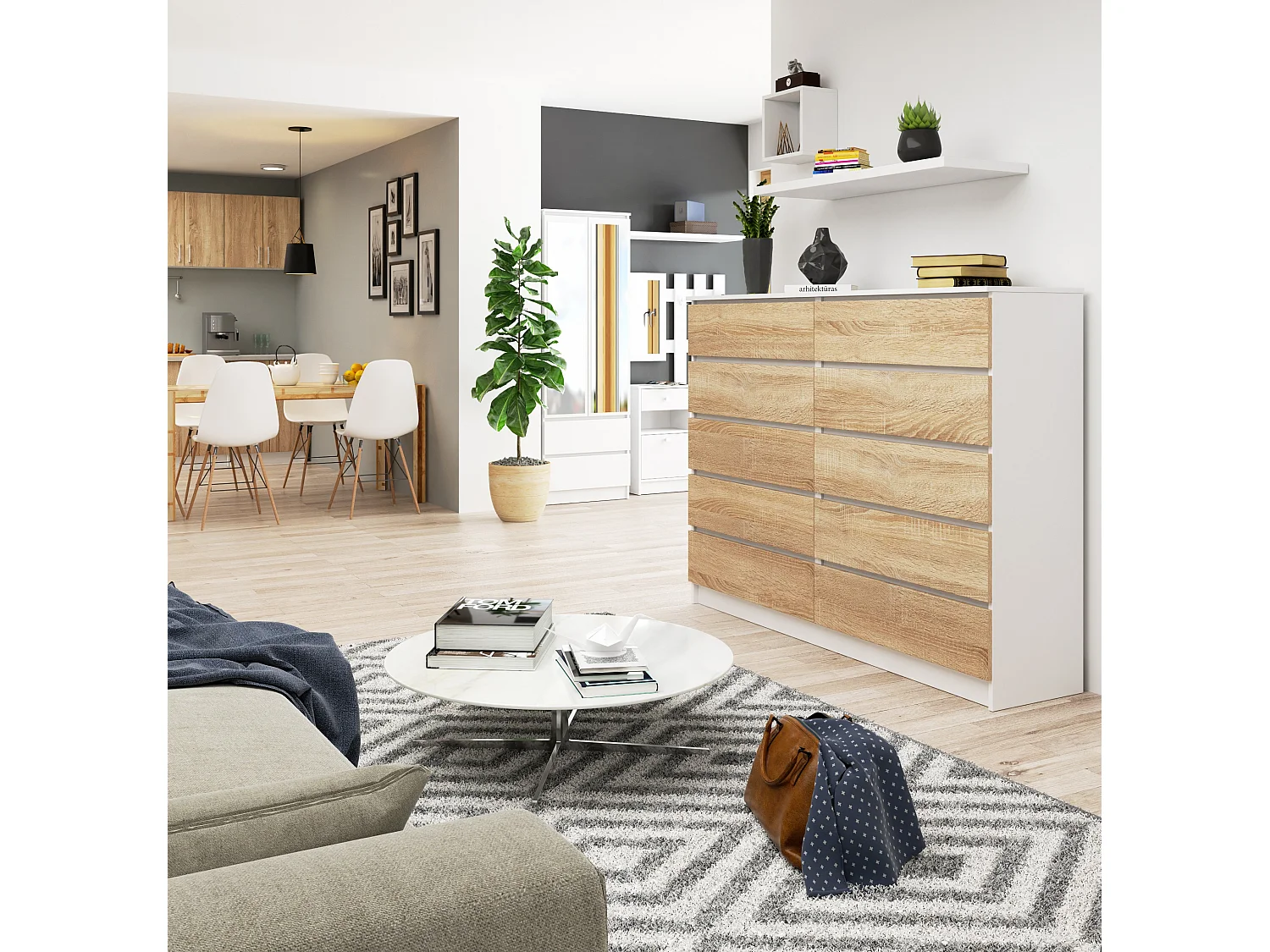 Komoda AKORD K160 Biała 160 cm 10 szuflad kolor Dąb Sonoma mat 160x40x121 cm 1952181 - obrazek 1
