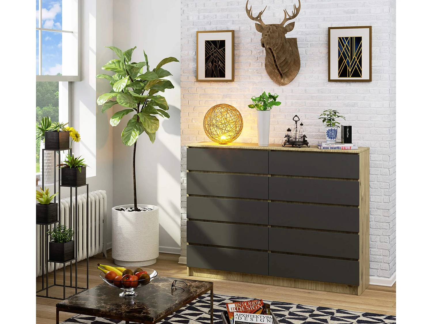 Komoda AKORD K160 Dąb Artisan 160 cm 10 szuflad kolor Grafit Szary mat 160x40x121 cm 1952007 - obrazek 1