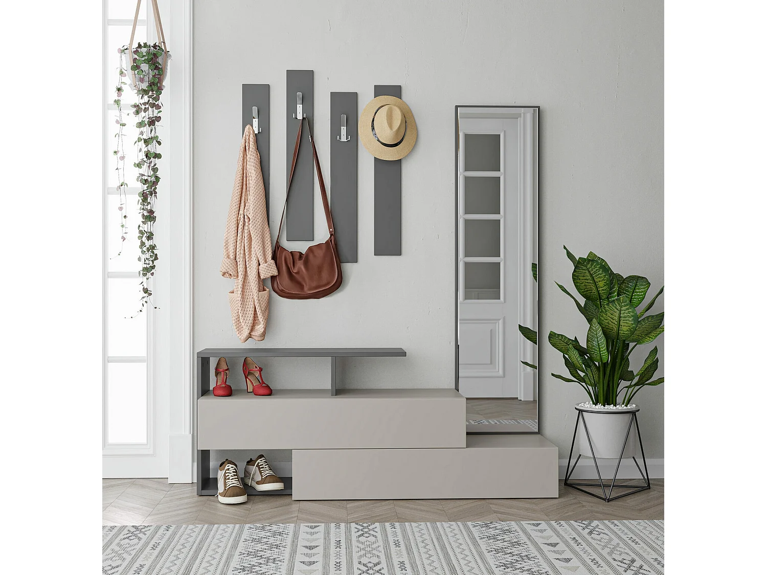 Komoda do przedpokoju z lustrem i wieszakiem na ubrania – 137 x 54,5 x 35 cm – jasny mokka i antracyt – płyta MDF pokryta melaminą w 100% 4887748 - obrazek 1