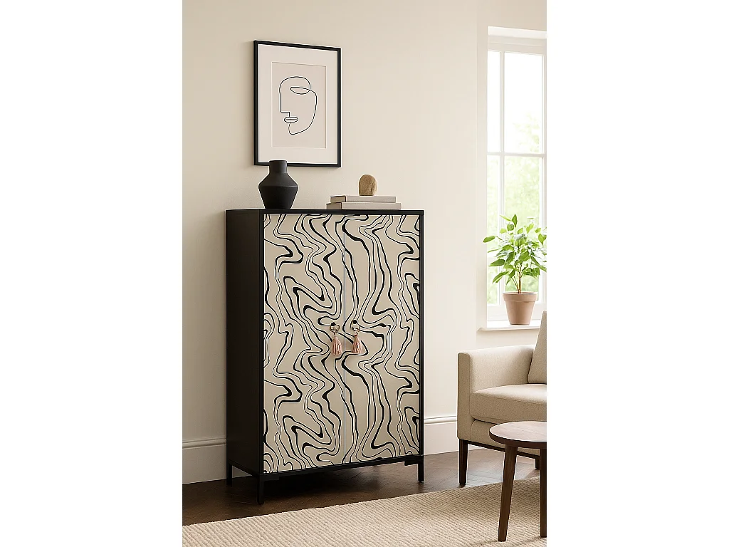 Komoda z MDF z 2 dekoracyjnymi drzwiami z motywem falistych czarnych linii 4895378 - obrazek 1