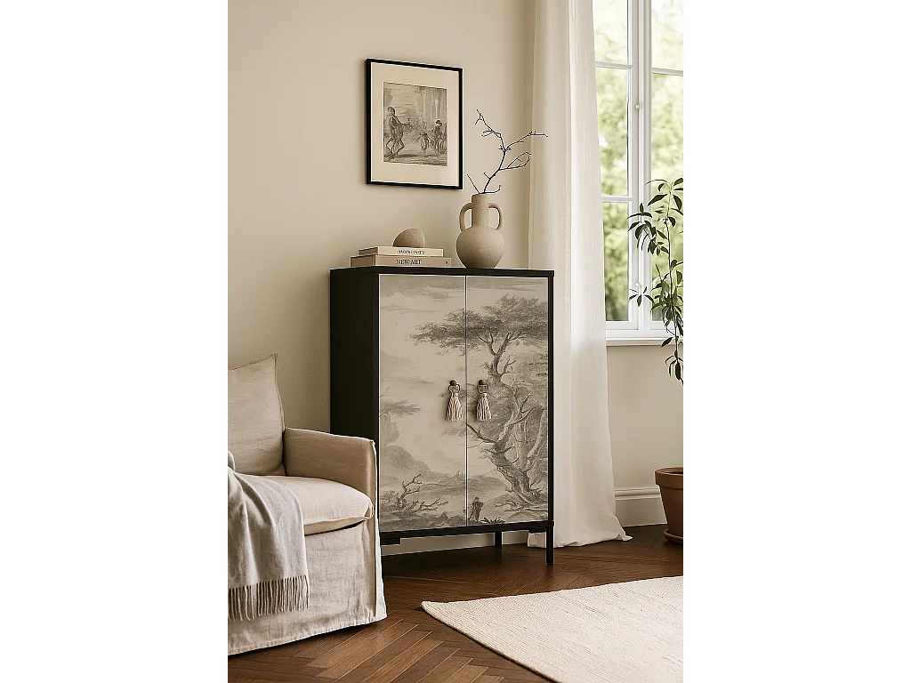 Komoda z MDF z 2 dekoracyjnymi drzwiami z motywem w odcieniu vintage szaro-sepiowym 4895388 - obrazek 1