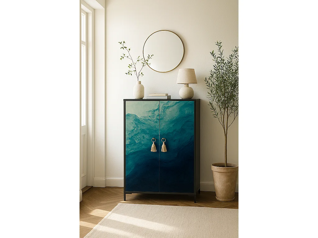 Komoda z MDF z 2 dekoracyjnymi drzwiami z motywem w kolorze niebieskim oceanu 4895396 - obrazek 1