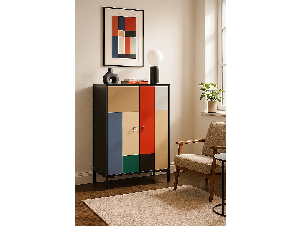 Komoda z MDF z 2 dekoracyjnymi drzwiami z blokami w kolorze ceglastym, beżowym, niebieskim i zielonym 4895409 - obrazek 1