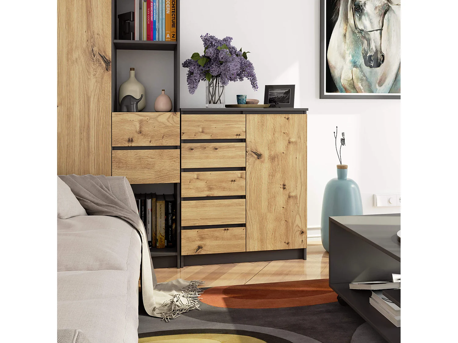 Komoda AKORD K80 Grafit Szary 80 cm 1 drzwi 5 szuflad kolor Dąb Artisan mat 3 półki 80x35x97 cm 3983382 - obrazek 1