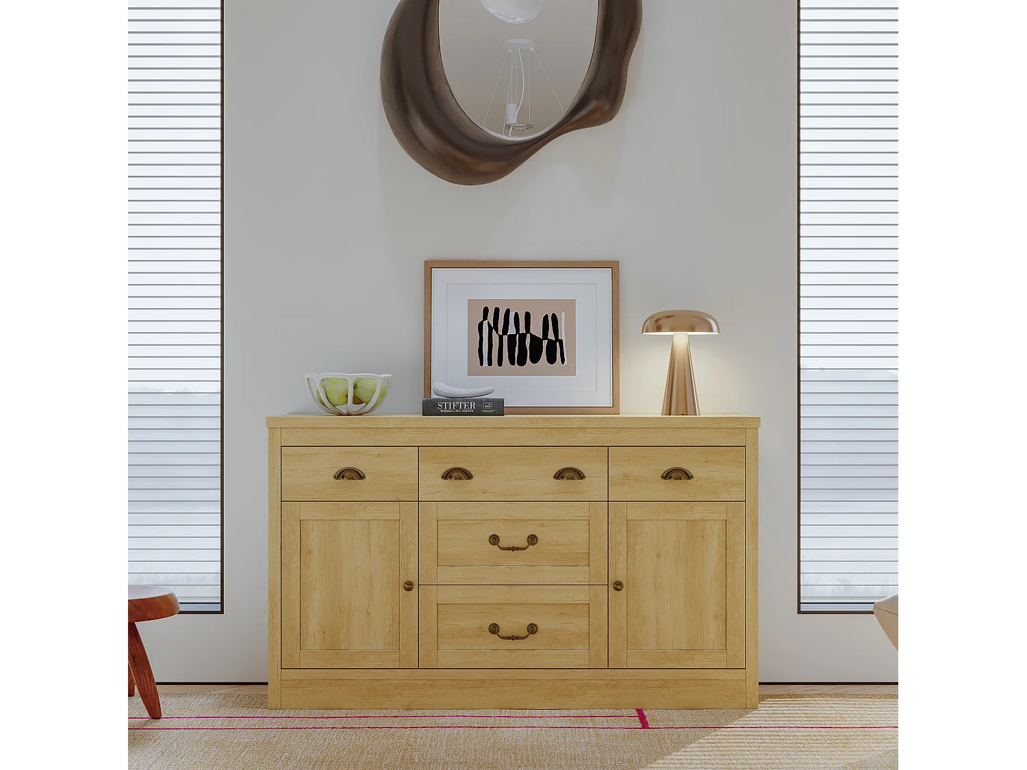 Komoda z naturalnego drewna z 2 drzwiami, 5 szufladami i wielofunkcyjnym blatem – styl minimalistyczny i industrialny, 135x40x80 cm 4897781 - obrazek 1