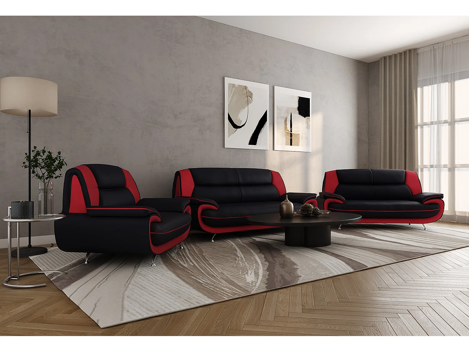 Komplet wypoczynkowy 3+2+1, tkanina Soft, czarno-czerwony, Palermo 4906257