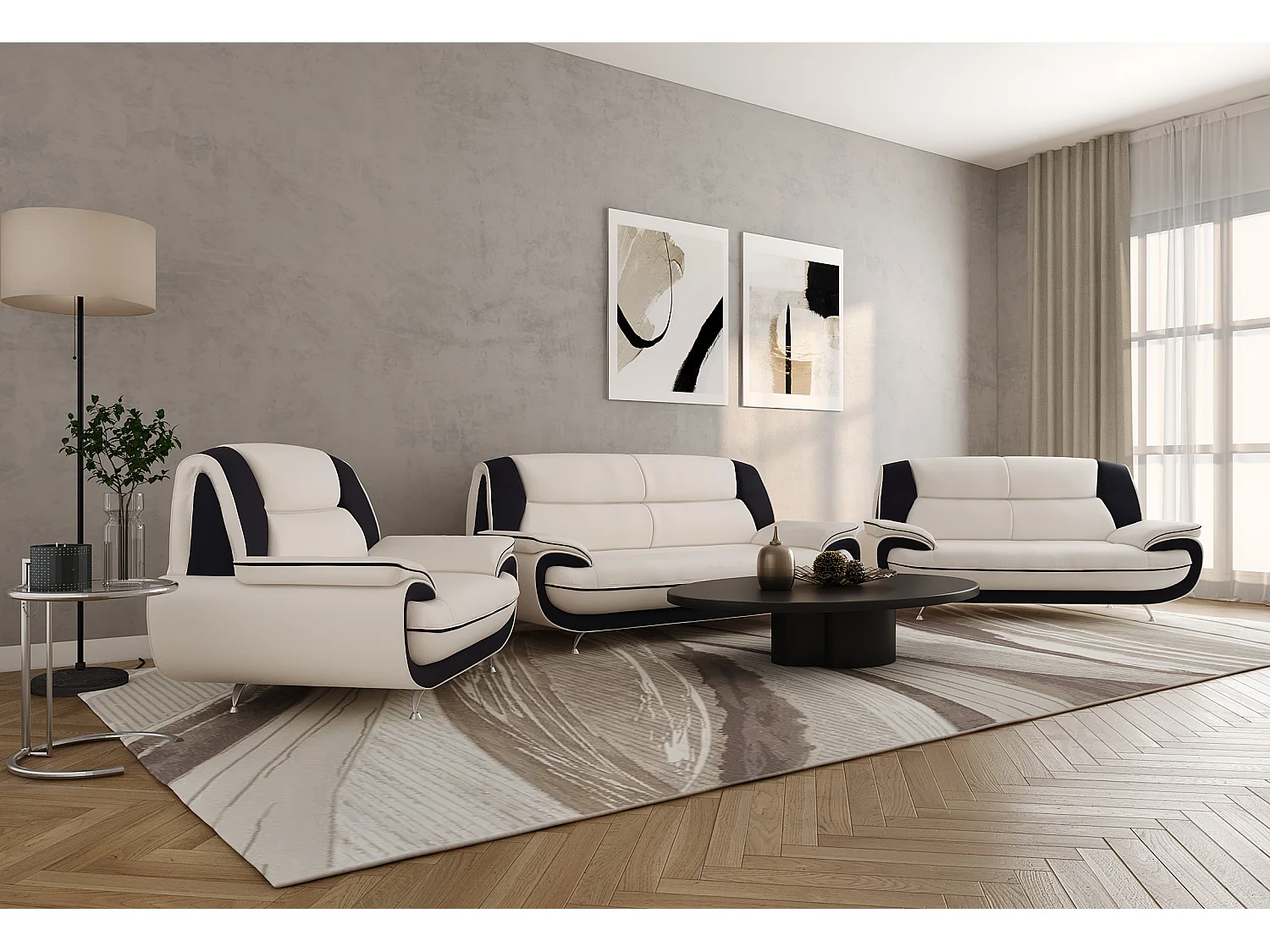 Komplet wypoczynkowy 3+2+1, tkanina Soft, biało-czarny, Palermo 4906262 - obrazek 1