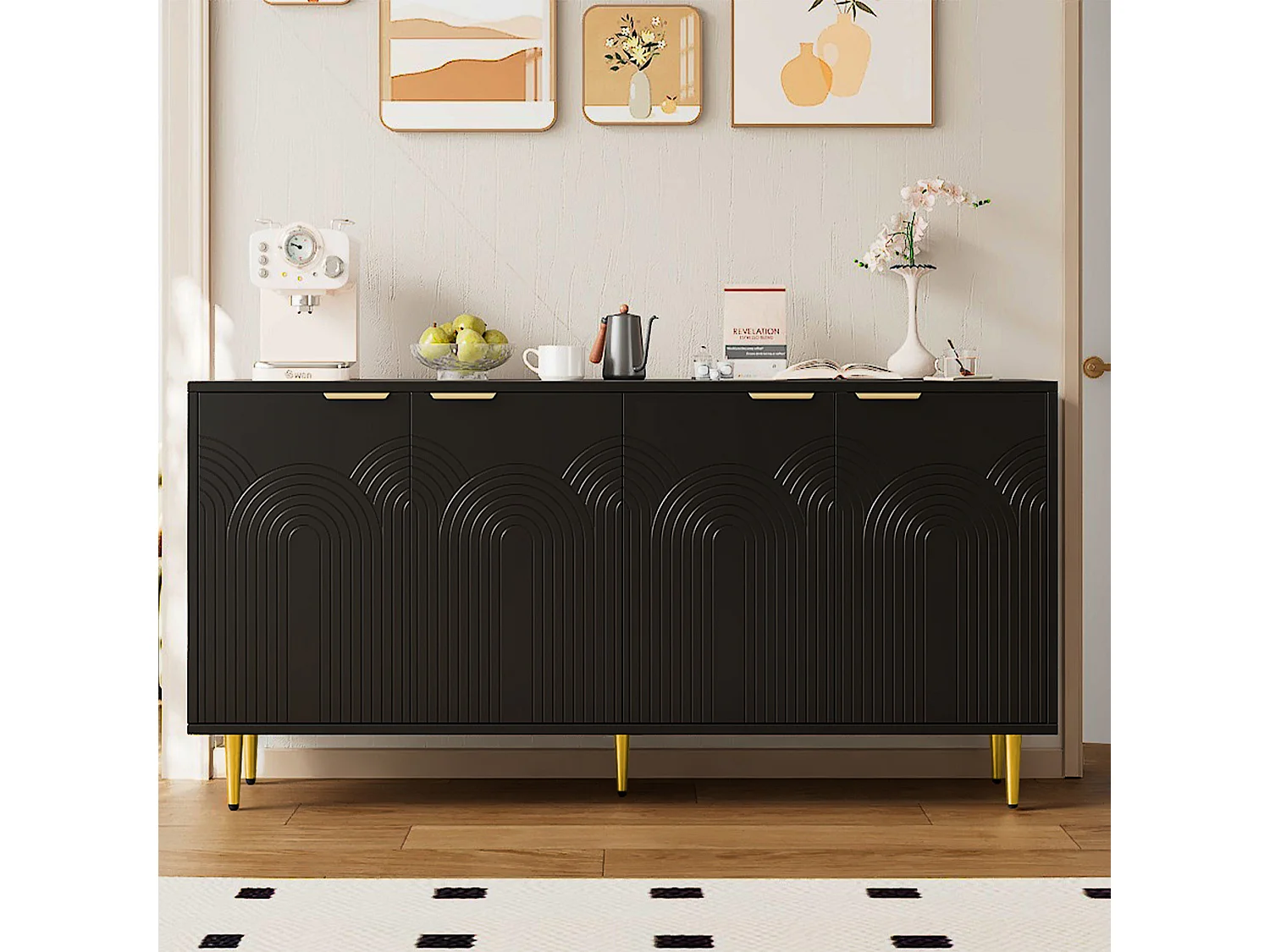 Komoda do salonu - 160 x 40 x 80 cm - 4 drzwi + lakierowane nogi + uchwyty metalowe w kolorze złotym - płyta wiórowa - kolor czarny 4908776 - obrazek 1