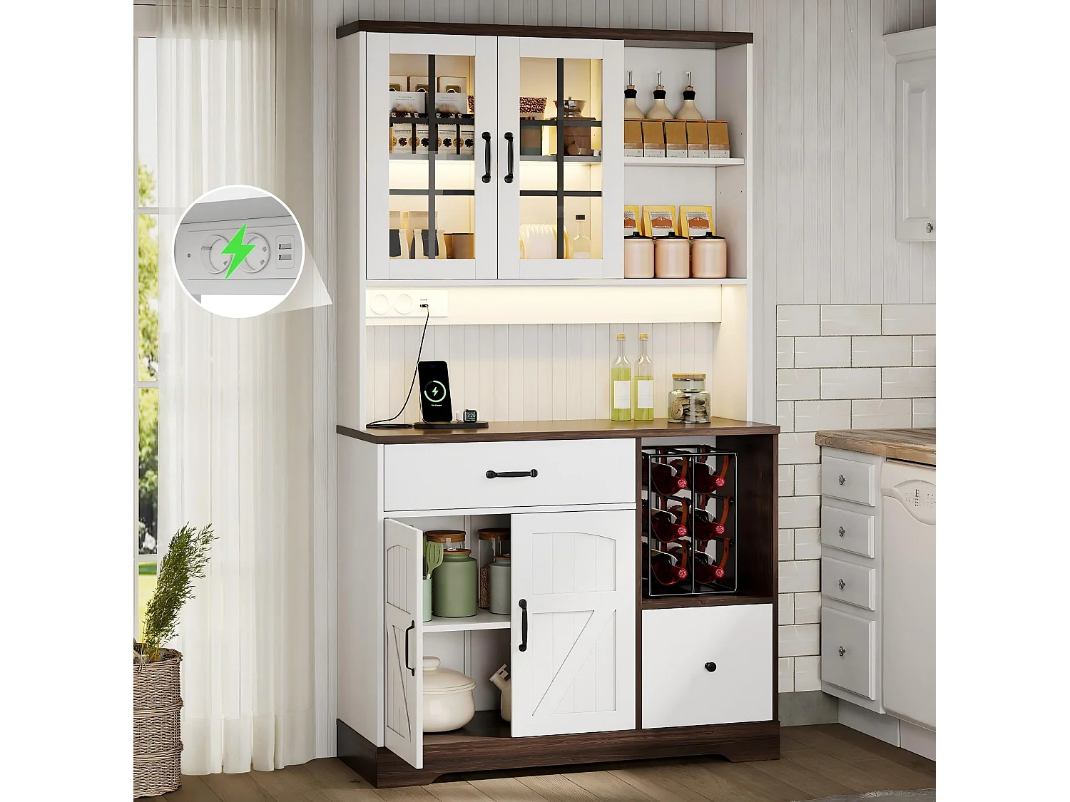 Kredens kuchenny w stylu stodoły - 105 x 40 x 185 cm - z 2 szufladami + diodami LED i gniazdkami + 4 drzwi - MDF - biały 4908824 - obrazek 1