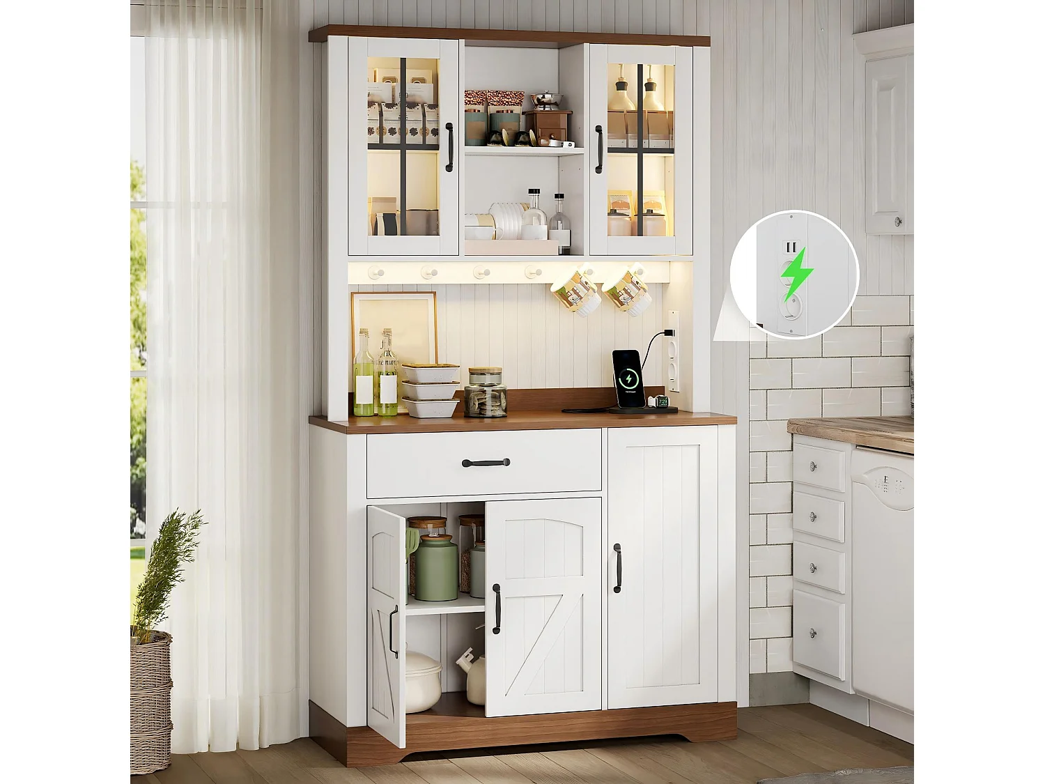 Kredens kuchenny w stylu stodoły - 105 x 40 x 185 cm - z szufladą, diodami LED i gniazdkami oraz 5 drzwiami - MDF - biały 4908831 - obrazek 1