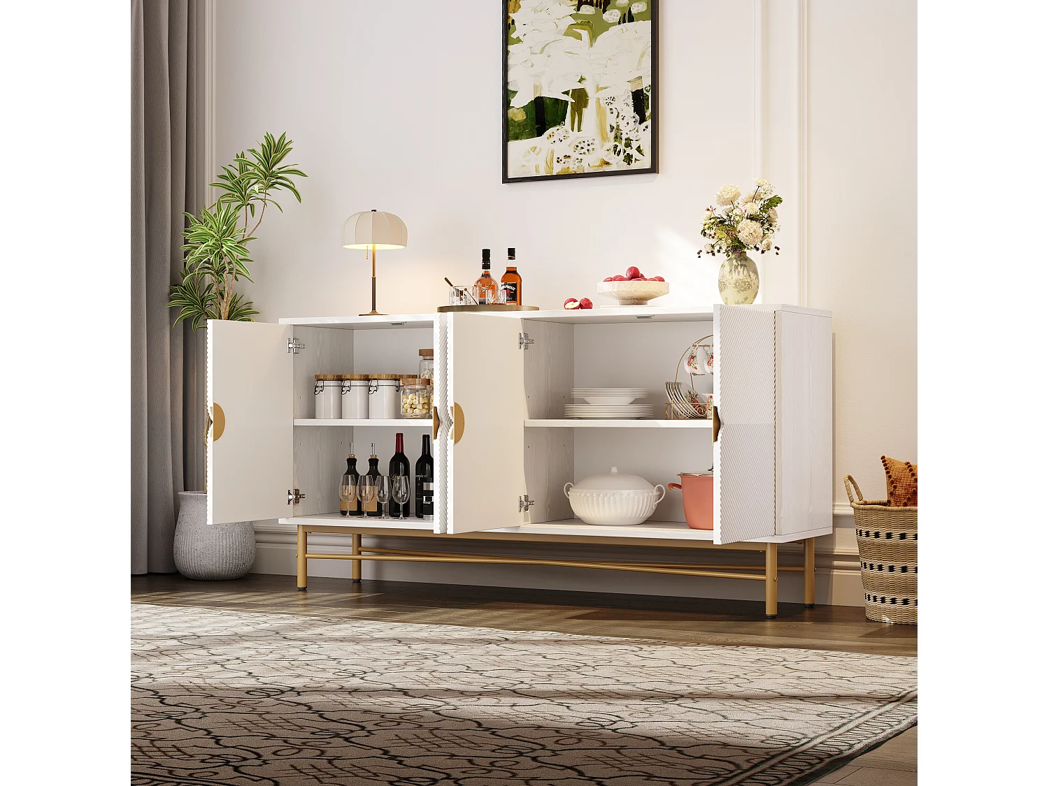 Komoda teksturowana - 160 x 40 x 82 cm - 4 drzwi - nogi lakierowane na wysoki połysk - MDF + płyta wiórowa - biała 4918067 - obrazek 1