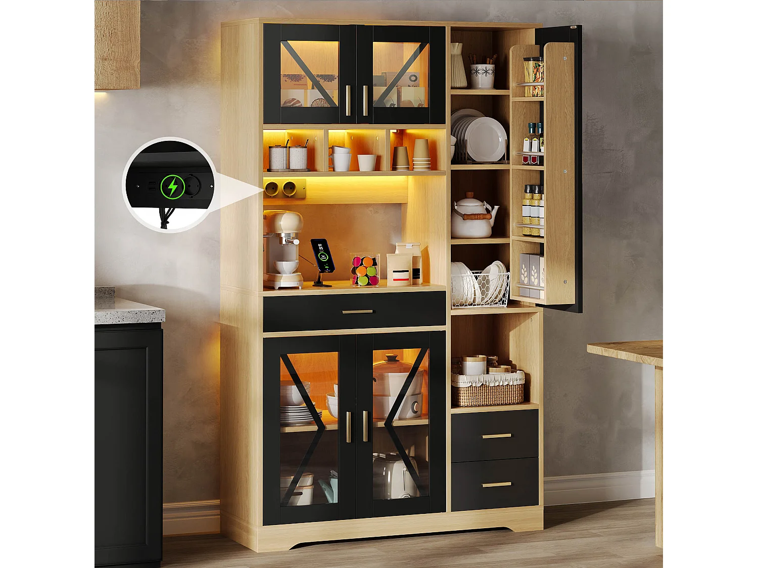 Kredens kuchenny w stylu stodoły Hayt - 105 x 40 x 185 cm - z półkami + szufladami + diodami LED + drzwiami - MDF - czarny + naturalny 4918160 - obrazek 1