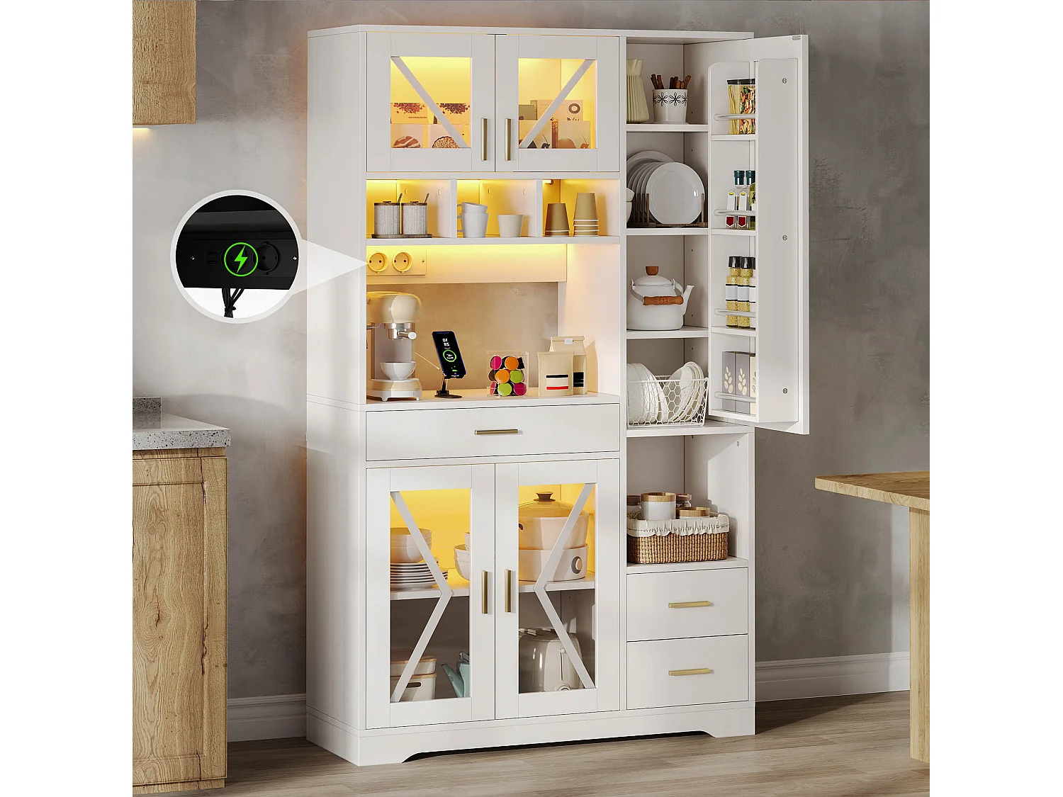 Kredens kuchenny w stylu stodoły Hayt - 105 x 40 x 185 cm - z półkami + szufladami + diodami LED + drzwiami - MDF - biały 4918193 - obrazek 1