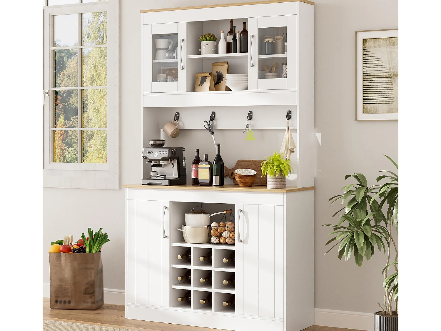 Kredens kuchenny 106x39x175 cm - 4 drzwi - Sekcja na wino i haczyki - Płyta wiórowa - Biały + naturalny 4918553 - obrazek 1