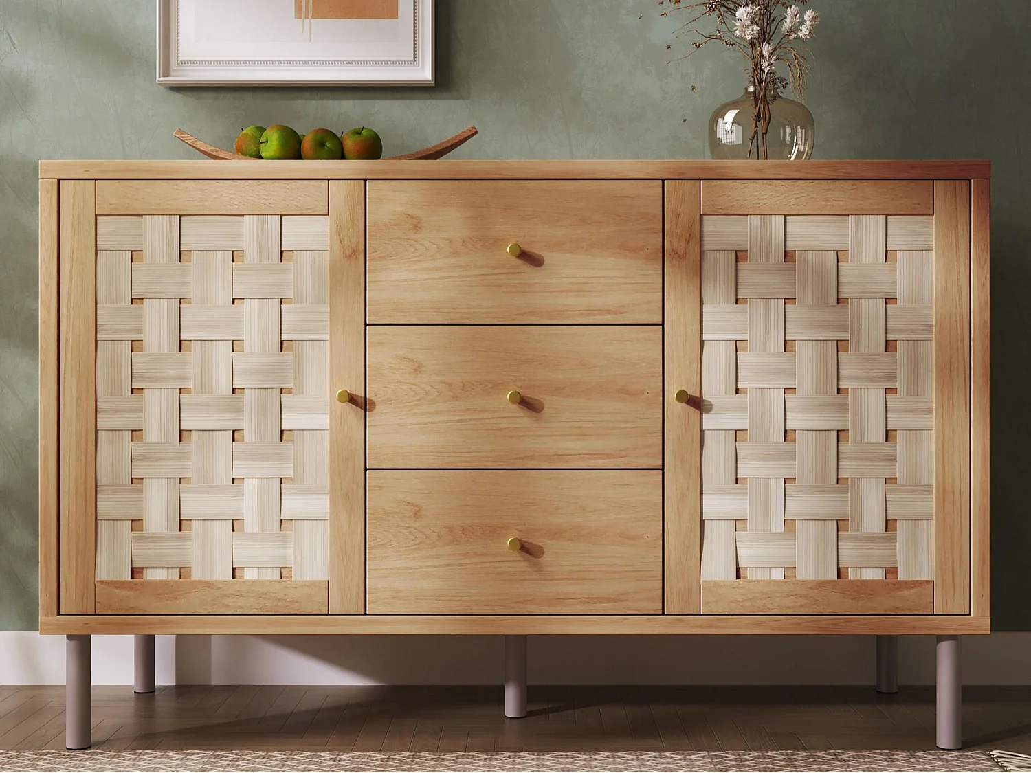 Kredens 120x40x70cm - z 3 szufladami i 2 drzwiami - wygląd rattan - styl rustykalny - z regulowanymi półkami - kolor dębowy 4918568 - obrazek 1