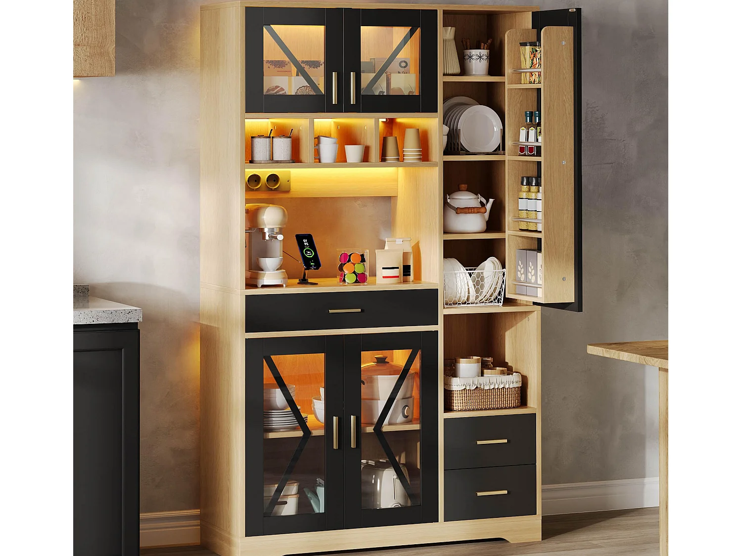 Kredens kuchenny w stylu stodoły 105x40x185cm - z oświetleniem LED i gniazdkiem - z 5 drzwiami i 3 szufladami - Naturalny + Czarny 4918659 - obrazek 1