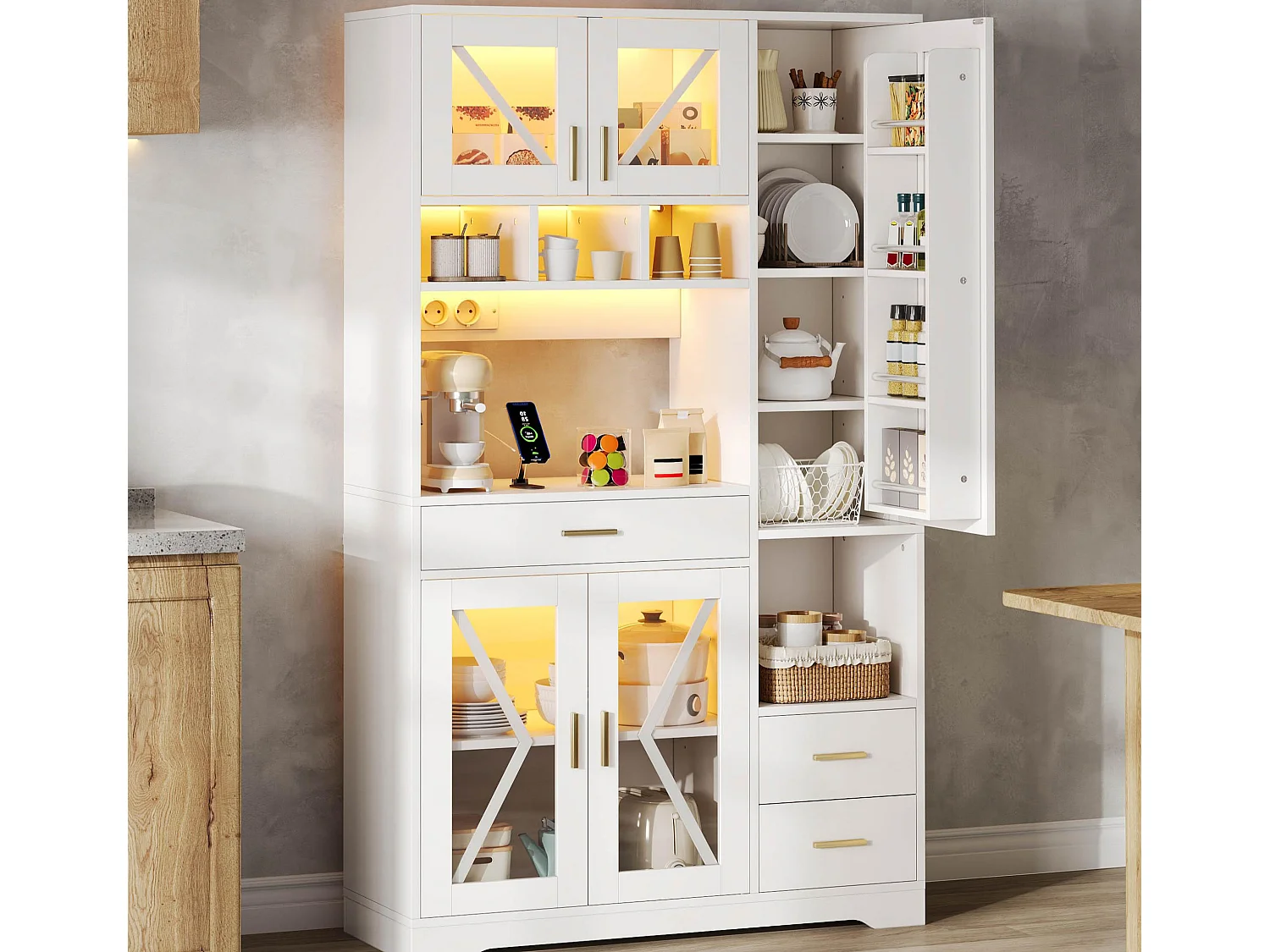 Kredens kuchenny w stylu stodoły 105x40x185cm - z oświetleniem LED i gniazdkiem - z 5 drzwiami i 3 szufladami - Biały 4918700 - obrazek 1