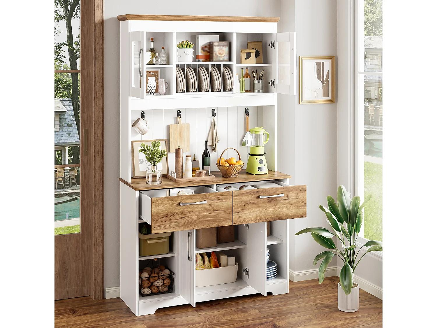 Kredens kuchenny 106x39x176,5 cm - 4 drzwi i 2 szuflady - z haczykami - Płyta wiórowa - Biały i naturalny 4918696 - obrazek 1