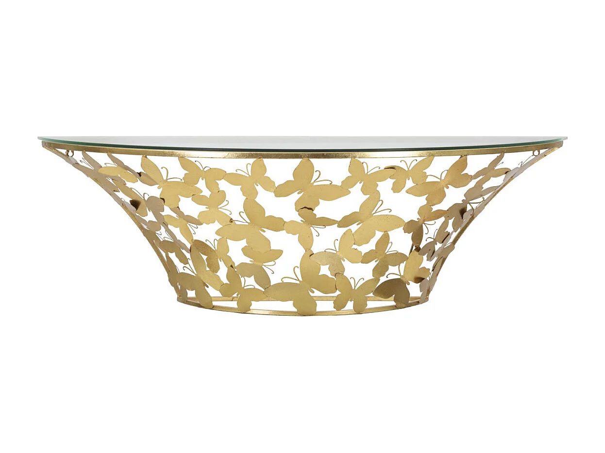 Konsola ścienna "Motyle" w kolorze złotym – półokrągła konsola z metalu w kolorze złotym ze szkłem i motylami, 120 x 40,5 x 37,2 cm – styl glamour – Parent 940 3719857 - obrazek 1