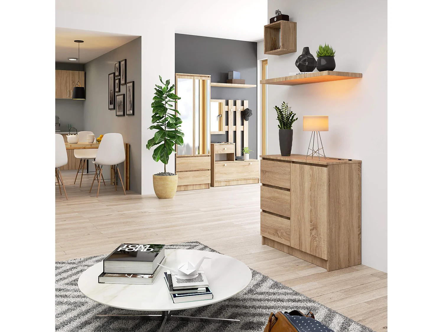 Komoda AKORD JERRY Dąb Sonoma 80 cm 1 drzwi 3 szuflady kolor Dąb Sonoma mat 2 półki 80x35x77 cm 1953041 - obrazek 1