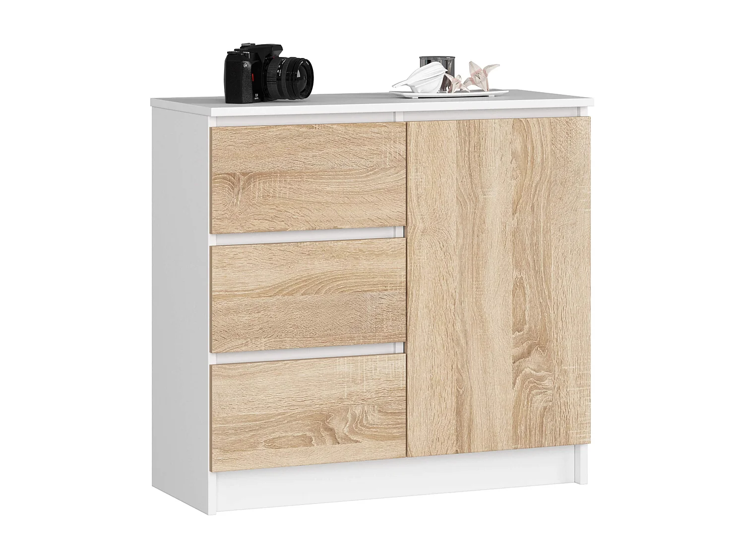 Komoda AKORD JERRY Biała 80 cm 1 drzwi 3 szuflady kolor Dąb Sonoma mat 2 półki 80x35x77 cm 1953103 - obrazek 1