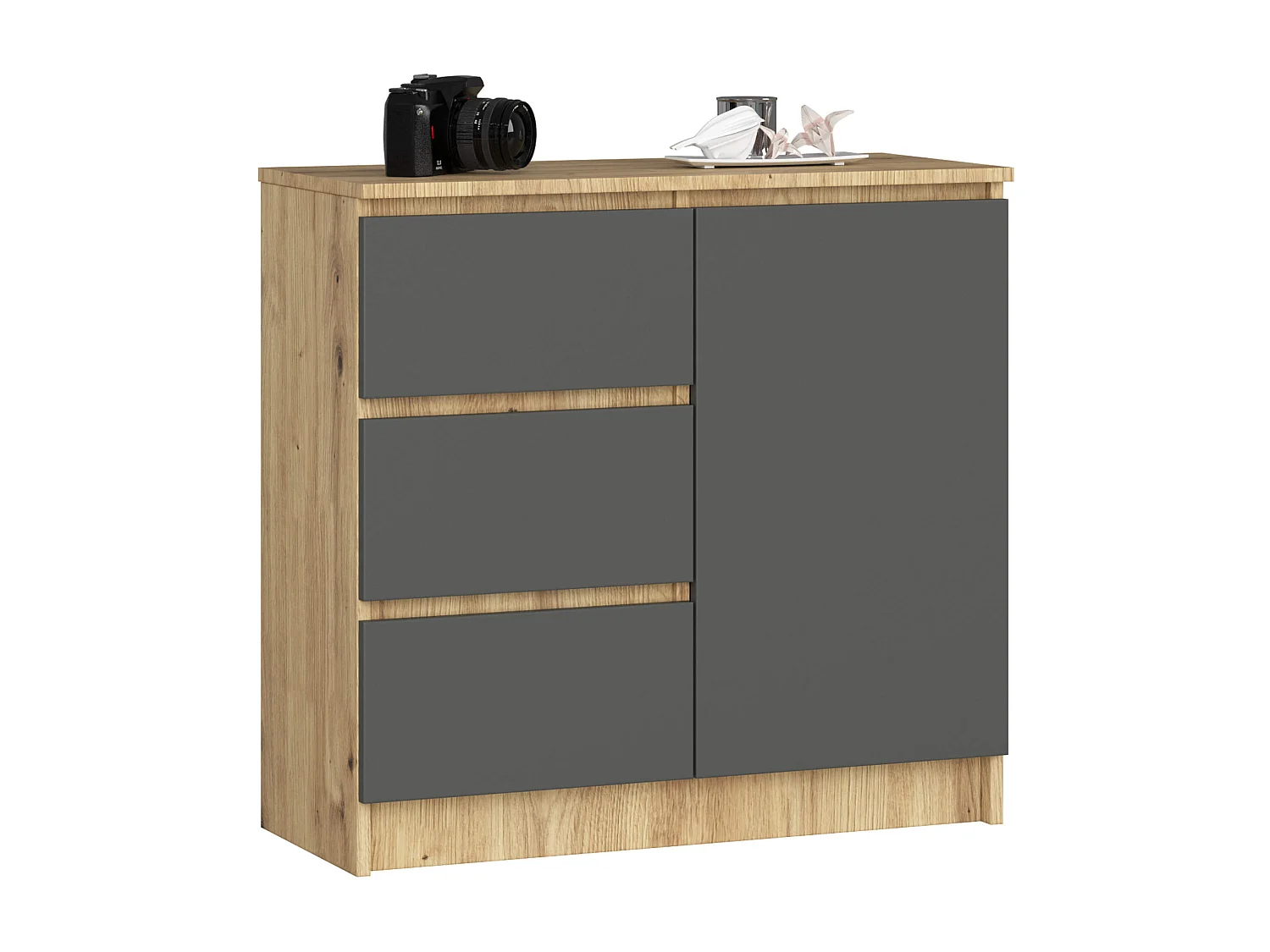 Komoda AKORD JERRY Dąb Artisan 80 cm 1 drzwi 3 szuflady kolor Grafit Szary mat 2 półki 80x35x77 cm 1953139 - obrazek 1