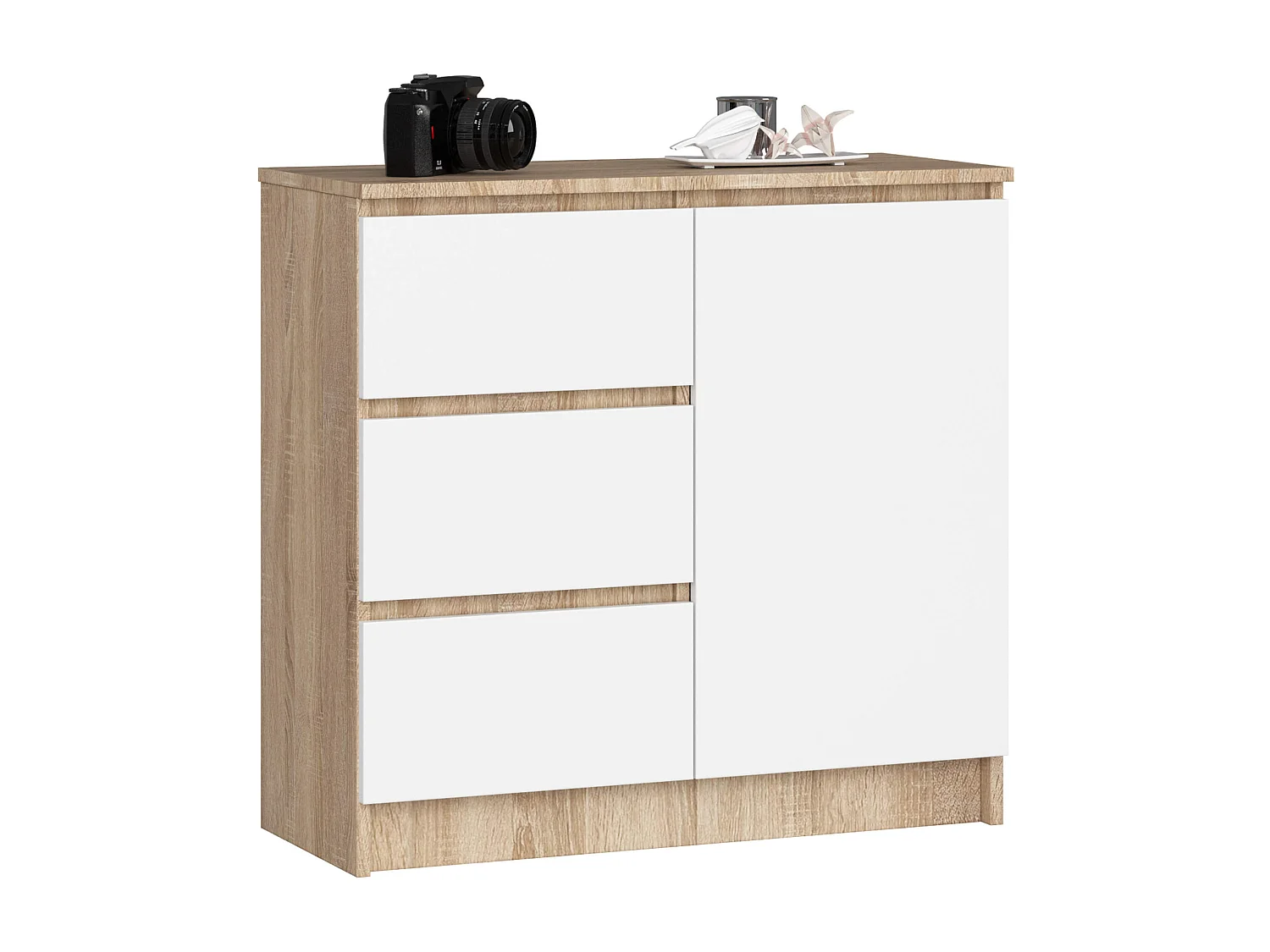 Komoda AKORD JERRY Dąb Sonoma 80 cm 1 drzwi 3 szuflady kolor Biały mat 2 półki 80x35x77 cm 1953185 - obrazek 1