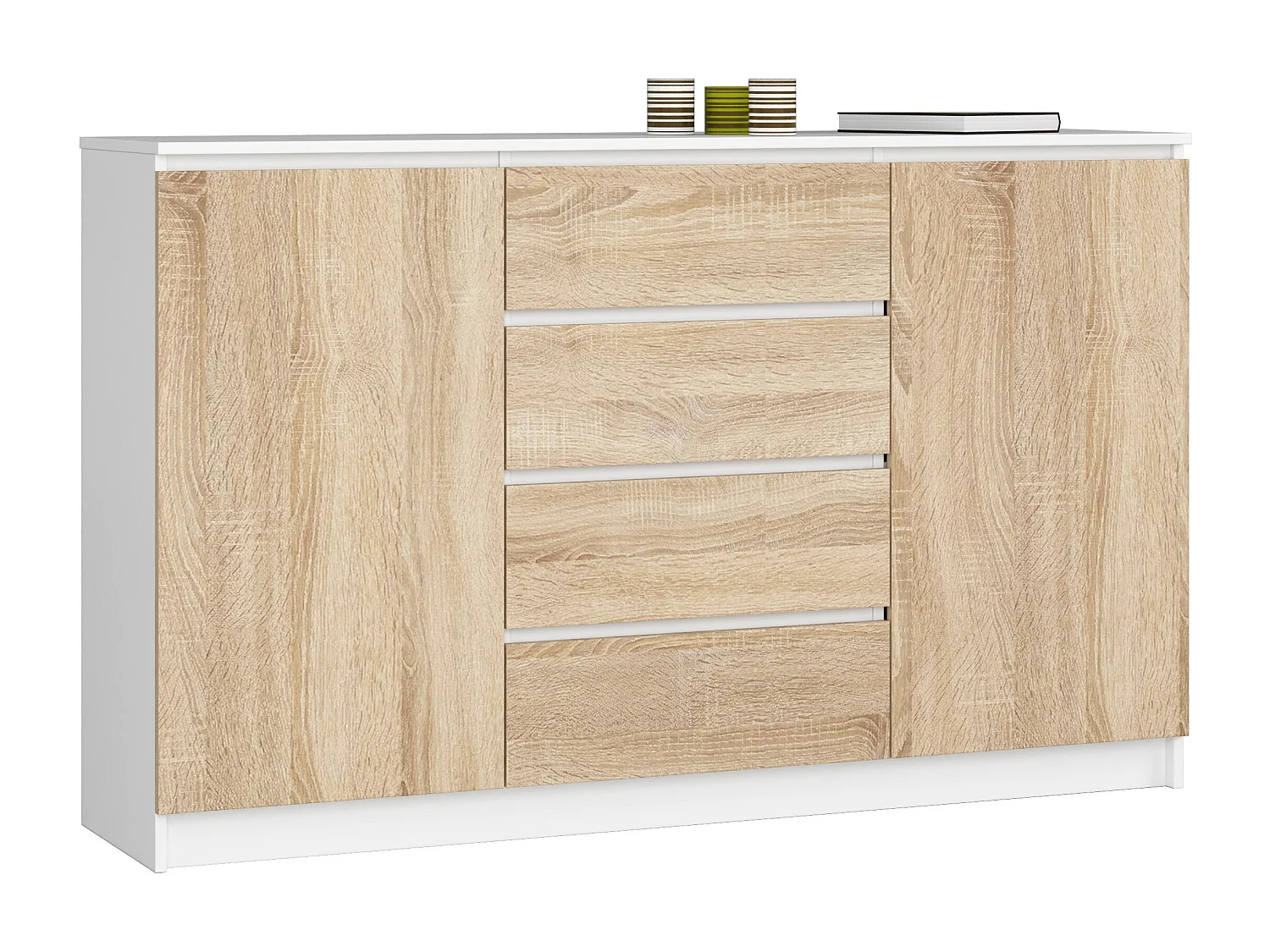 Komoda AKORD K160 Biała 160 cm 2 drzwi 4 szuflady kolor Dąb Sonoma mat 4 półki 160x40x99 cm 1952527 - obrazek 1