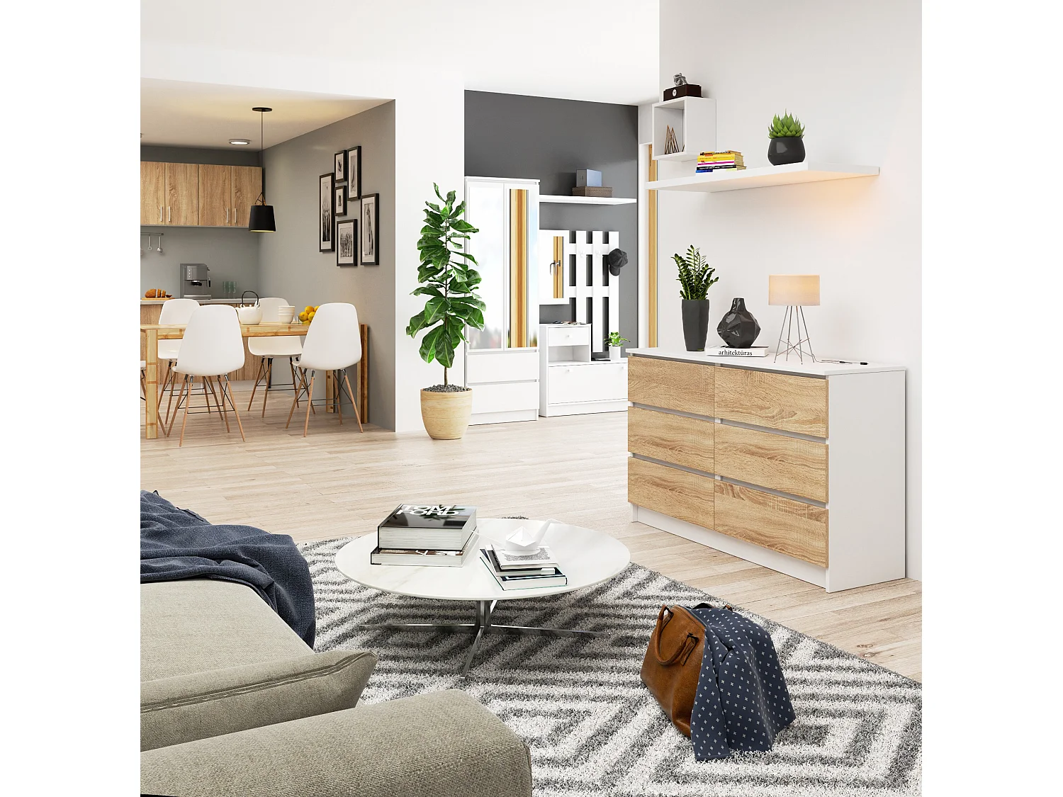 Komoda AKORD K120 Biała 120 cm 6 szuflad kolor Dąb Sonoma mat 120x40x77 cm 1952131 - obrazek 1