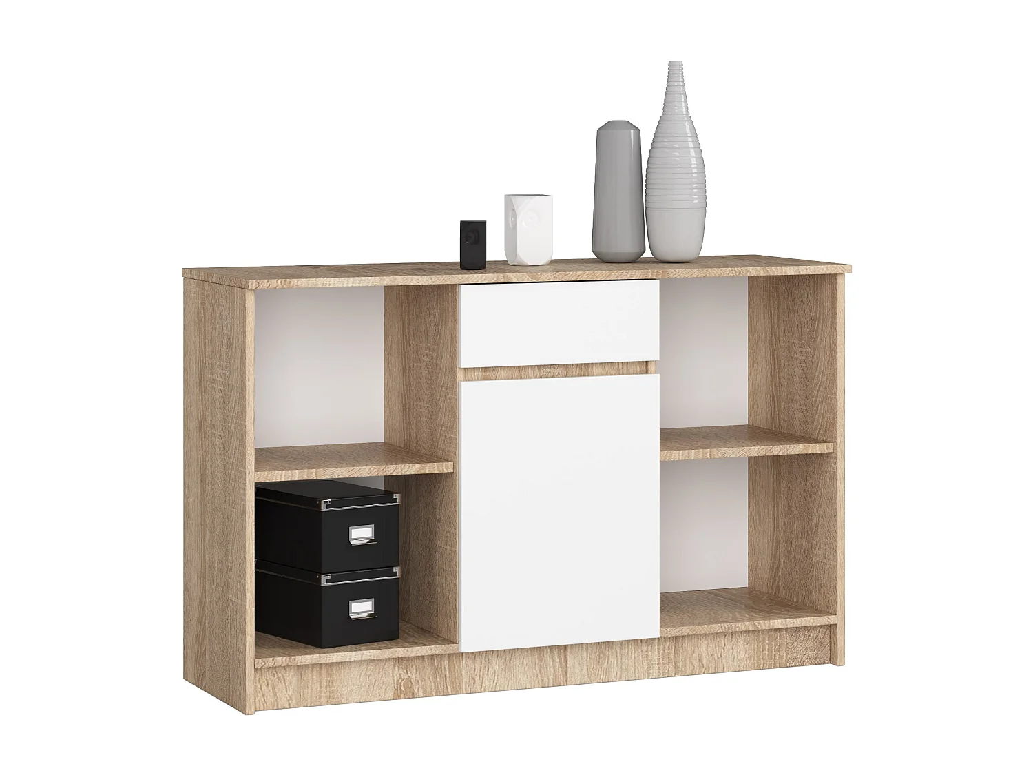 Komoda AKORD B17 Dąb Sonoma 120 cm 1 drzwi 1 szuflada kolor Biały mat 6 półek 120x40x77 cm 1946429 - obrazek 1