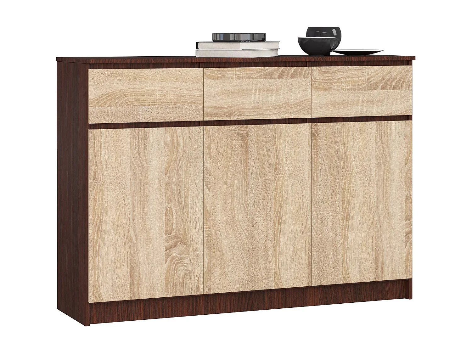 Komoda AKORD K140 Wenge 138 cm 3 drzwi 3 szuflady kolor Dąb Sonoma mat 6 półek 138x40x99 cm 1952155 - obrazek 1