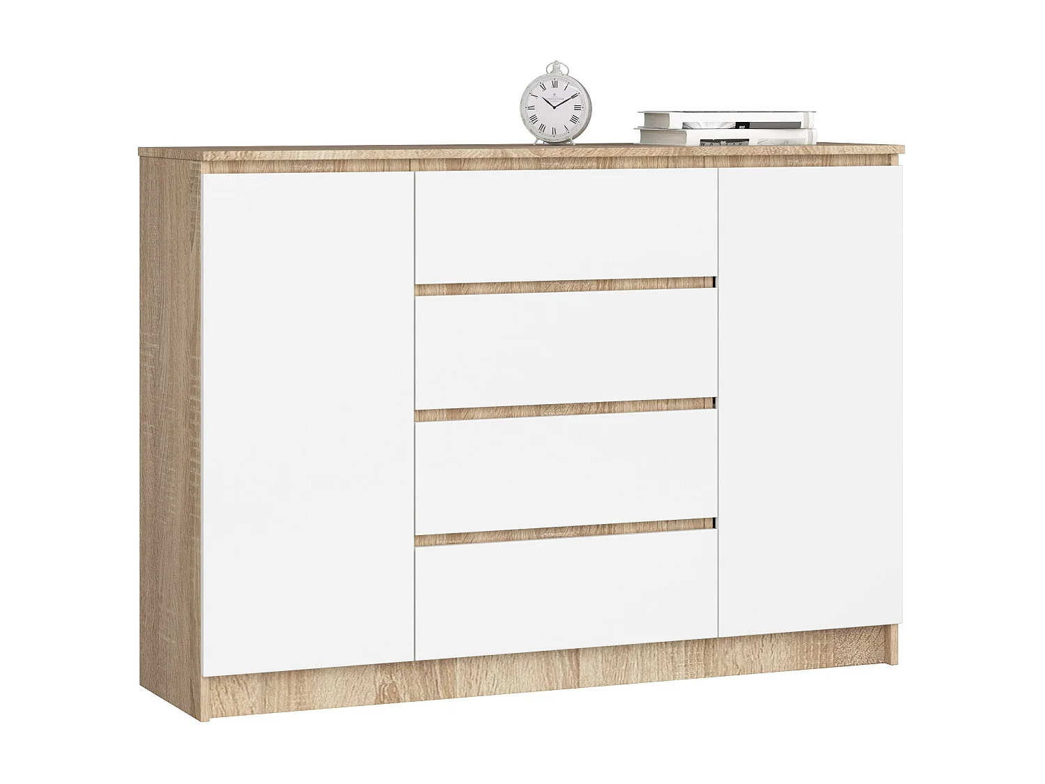 Komoda AKORD K140 Dąb Sonoma 138 cm 2 drzwi 4 szuflady kolor Biały mat 4 półki 138x40x99 cm 1952473 - obrazek 1