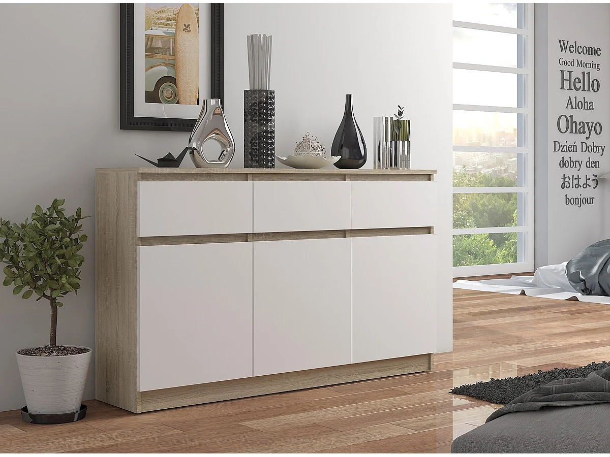Komoda AKORD K140 Dąb Sonoma 138 cm 3 drzwi 3 szuflady kolor Biały mat 6 półek 138x40x99 cm 1952271 - obrazek 1