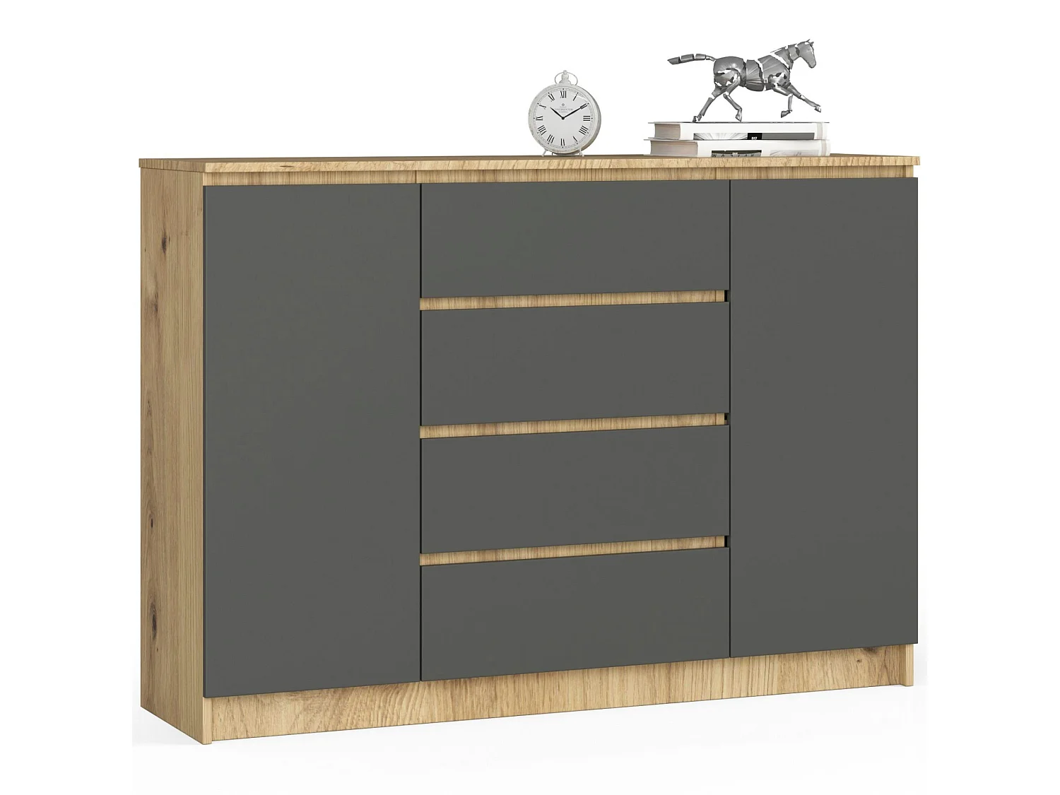 Komoda AKORD K140 Dąb Artisan 138 cm 2 drzwi 4 szuflady kolor Grafit Szary mat 4 półki 138x40x99 cm 1952553 - obrazek 1
